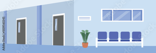 Hospital interior design. Public service building illustration. Hospital hall. Hospital hallway. Medical center. Medical check up. Hospital corridor. Modern Waiting area. Health care. Nursing home.
