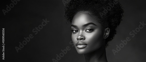  A monochrome image of a woman wearing an afro hairstyle and applying makeup to her face