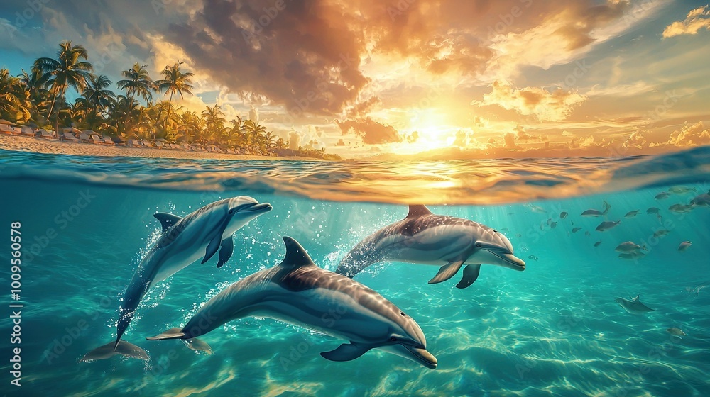 A trio of dolphins swimming in an ocean sunset with palm trees in the foreground A trio of dolphins swimming in an ocean sunset with palm trees in the foreground