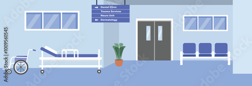 Hospital hallway illustration. Hospital emergency room. Hospital bed. Wheel chair in hospital. Waiting chair in hospital. Public health services. Medical center. Health center. Hospital direction sign