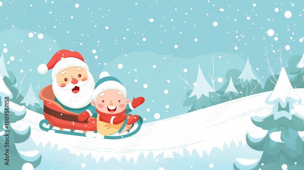 Joyful Santa Claus with children sledding in a minimalist winter wonderland scene, Happy New Year banner, empty space