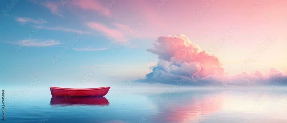 A red boat floats on a body of water beneath a cloudy, blue sky with a solitary cloud A red boat floats on a body of water beneath a cloudy, blue sky with a solitary cloud