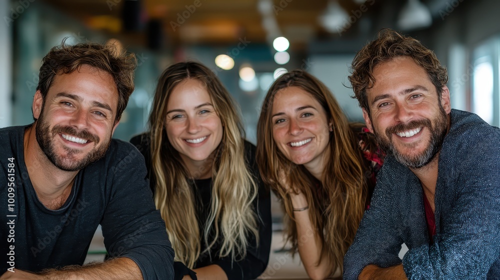 The image features four happy friends posing together indoors, showcasing their cheerful expressions and casual attire in a bright and friendly atmosphere. The image features four happy friends posing together indoors, showcasing their cheerful expressions and casual attire in a bright and friendly atmosphere.