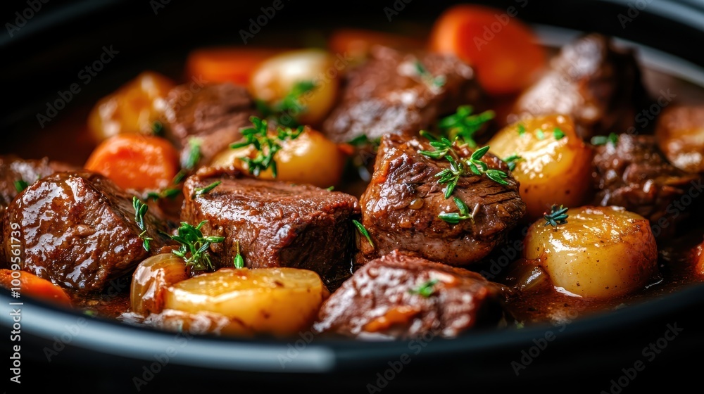 Delicious beef stew featuring tender chunks of meat, hearty potatoes, and carrots, garnished with fresh herbs, captured in rich, warm lighting for a comforting feel. Delicious beef stew featuring tender chunks of meat, hearty potatoes, and carrots, garnished with fresh herbs, captured in rich, warm lighting for a comforting feel.