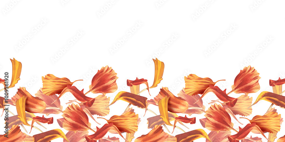 Petals of orange-red marigolds. Floral ornament from watercolor illustration. Bright part of Tagetes flower for tea, oils, cosmetics. Seamless horizontal pattern. Banner, road of flying petals Petals of orange-red marigolds. Floral ornament from watercolor illustration. Bright part of Tagetes flower for tea, oils, cosmetics. Seamless horizontal pattern. Banner, road of flying petals