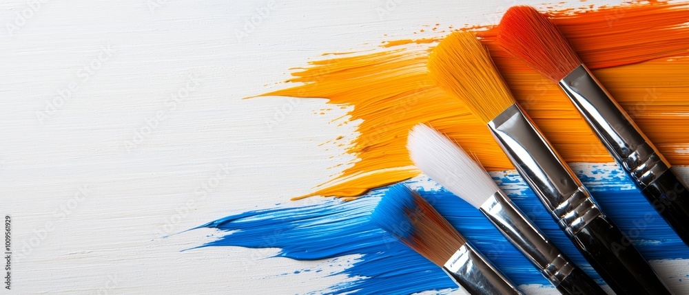 Obraz premium A collection of brushes, arranged on a pristine white tabletop Brushes bear orange and blue paint