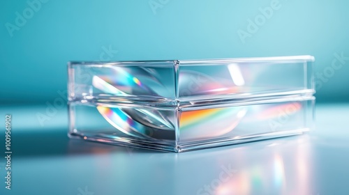 The image features a clear CD case with vibrant prism-like light reflections against a soft turquoise background, creating a modern and abstract visual effect. photo