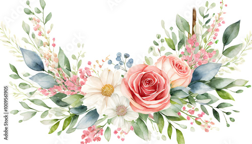 Wedding Frame With A Bouquet Of Watercolor Flowers. Generative AI.