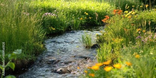 A serene stream flows through a vibrant meadow filled with colorful wildflowers. photo