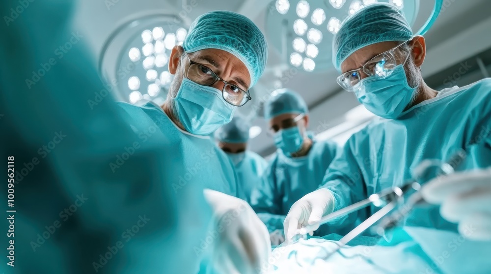 A team of surgeons, fully dressed in teal scrubs, focus intensely as they perform a surgical operation in a sterile, well-equipped hospital operating room environment. A team of surgeons, fully dressed in teal scrubs, focus intensely as they perform a surgical operation in a sterile, well-equipped hospital operating room environment.
