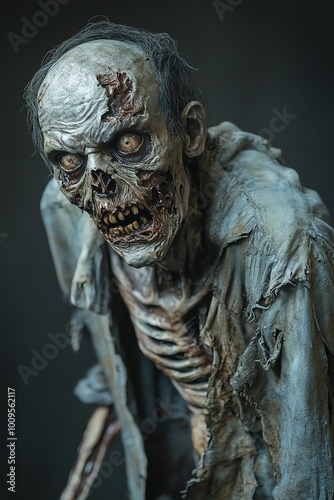 A haunting zombie figure with decayed features and tattered clothing, perfect for horror-themed projects or Halloween decorations.