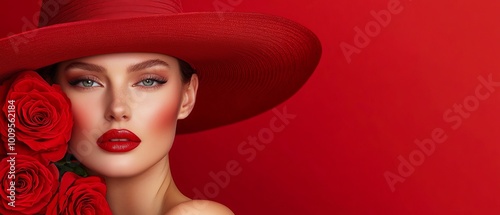  A woman with a red hat adorned by roses, and a single red rose positioned before her face