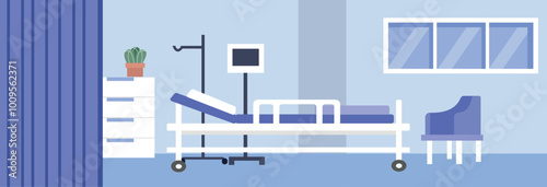 Hospital room illustration.  Bed in hospital room. Hospital emergency room. Emergency unit. Hospice. Medical center. Public health center. Nursing home.