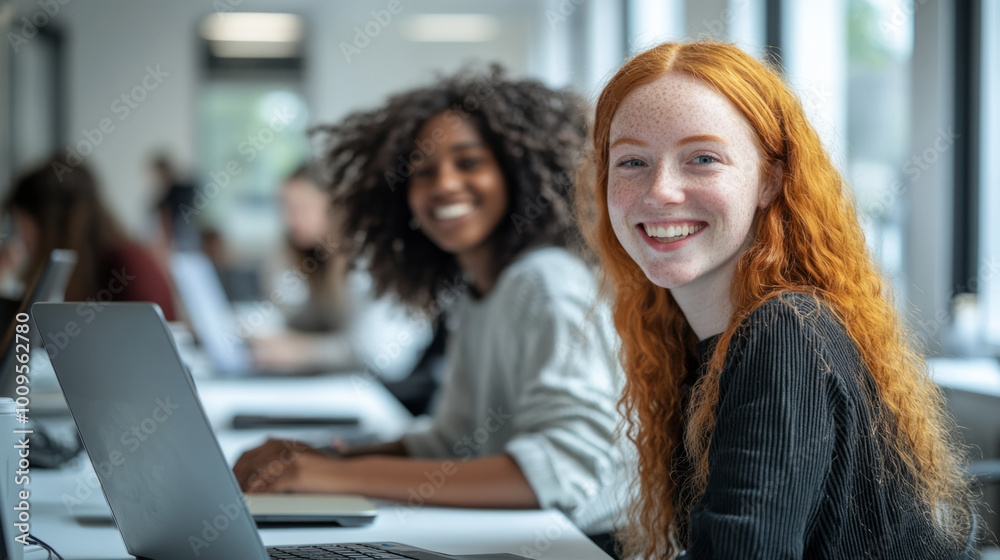 Two women with curly hair are sitting at a desk with laptops Two women with curly hair are sitting at a desk with laptops