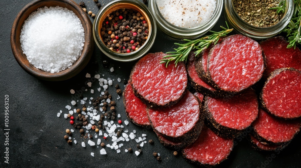Fresh beef slices and spice jars on a dark background, featuring salt, pepper, and herbs. Perfect for culinary and food-related presentations or designs. Fresh beef slices and spice jars on a dark background, featuring salt, pepper, and herbs. Perfect for culinary and food-related presentations or designs.