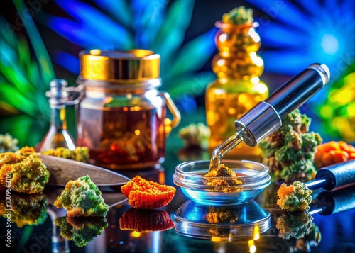 Vibrant Dabbing Scene with Cannabis Concentrates and Accessories on a Stylish Surface Background photo