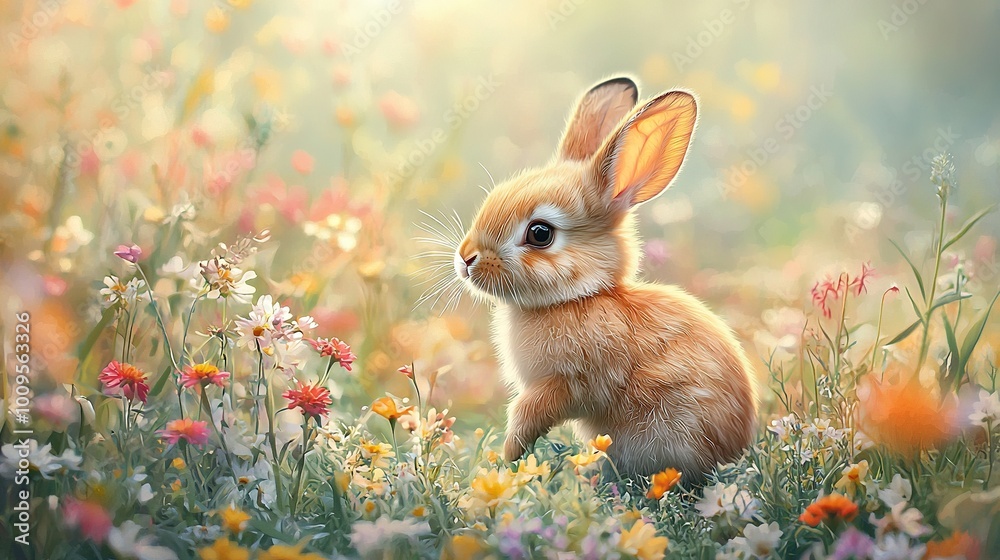   Rabbit in wildflower field under sun