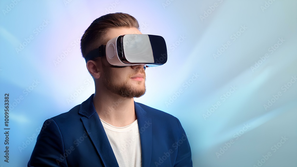 Virtual reality, digital visualization. Man in 3D glasses, close-up. Virtual world, electronic revolution. Virtual reality, digital visualization. Man in 3D glasses, close-up. Virtual world, electronic revolution.
