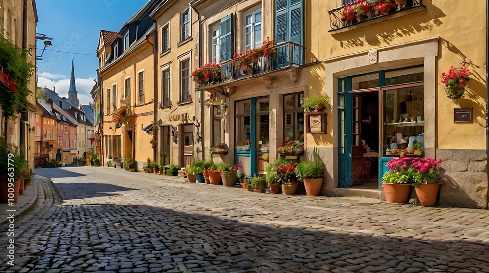 Fototapeta premium A picturesque cobblestone street in a small European town, with charming old buildings, colorful facades, and flower boxes on the windows, evoking a sense of history and nostalgia