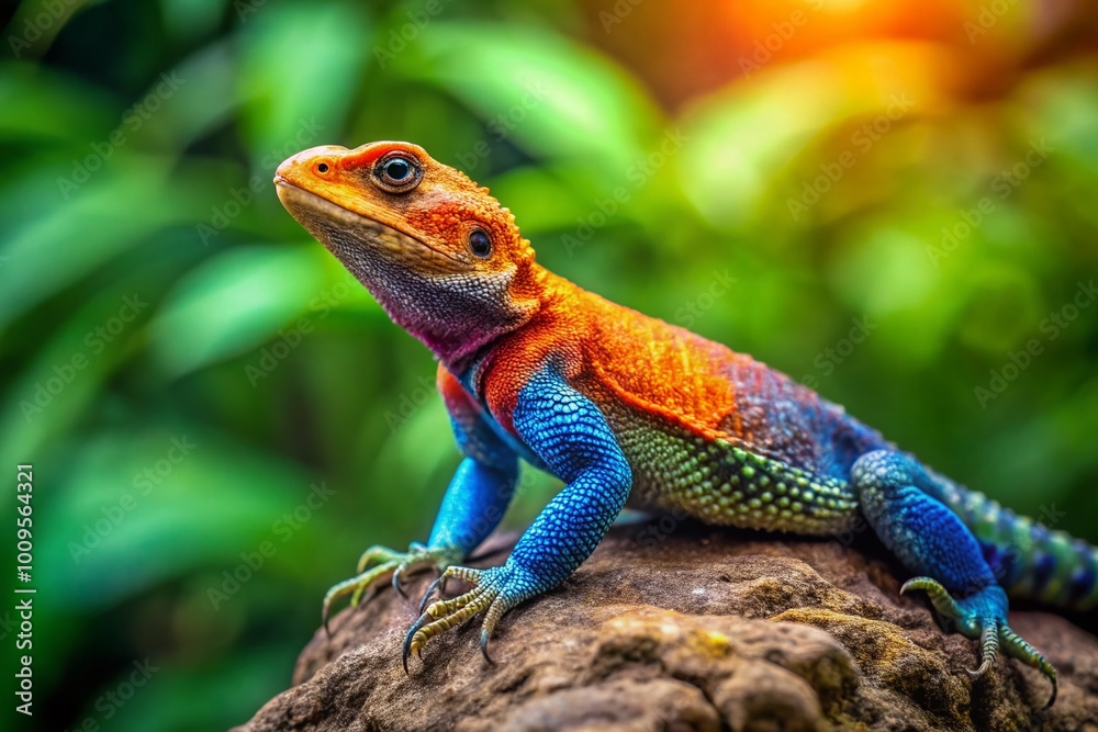 Vibrant Dragon Agama Lizard Resting on a Rock with a Lush Green Background in Natural Habitat Vibrant Dragon Agama Lizard Resting on a Rock with a Lush Green Background in Natural Habitat
