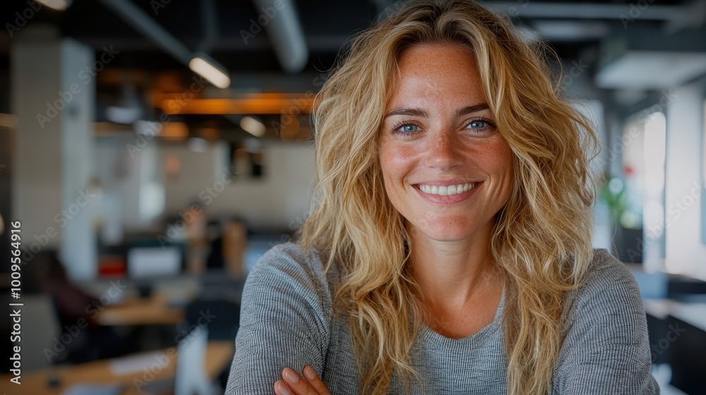 A joyful woman with long blonde hair smiles brightly in a casual office environment, exuding happiness and confidence, with a background of a well-lit workspace.