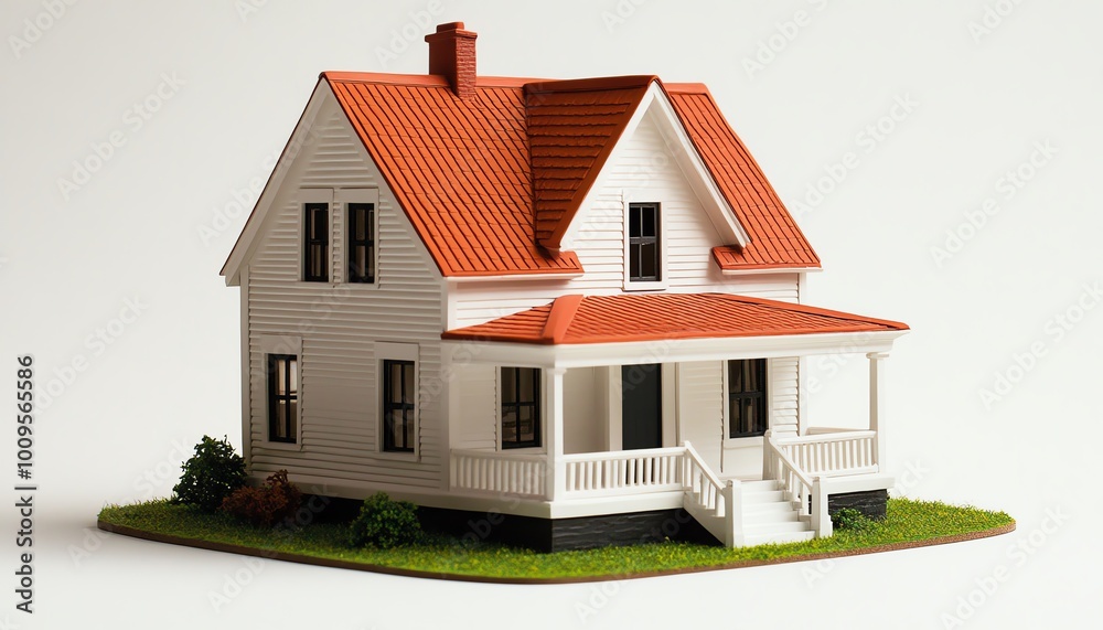 A detailed model of a charming house showcasing an inviting porch and a classic red roof, perfect for architectural concepts. A detailed model of a charming house showcasing an inviting porch and a classic red roof, perfect for architectural concepts.