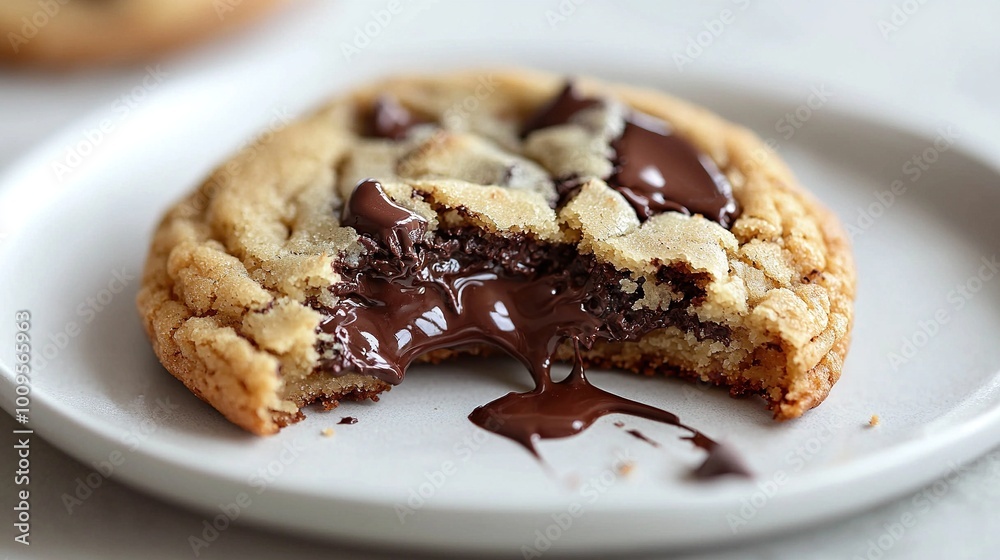 A close-up photo of a chocolate chip cookie on a plate, featuring a partially bitten cookie A close-up photo of a chocolate chip cookie on a plate, featuring a partially bitten cookie