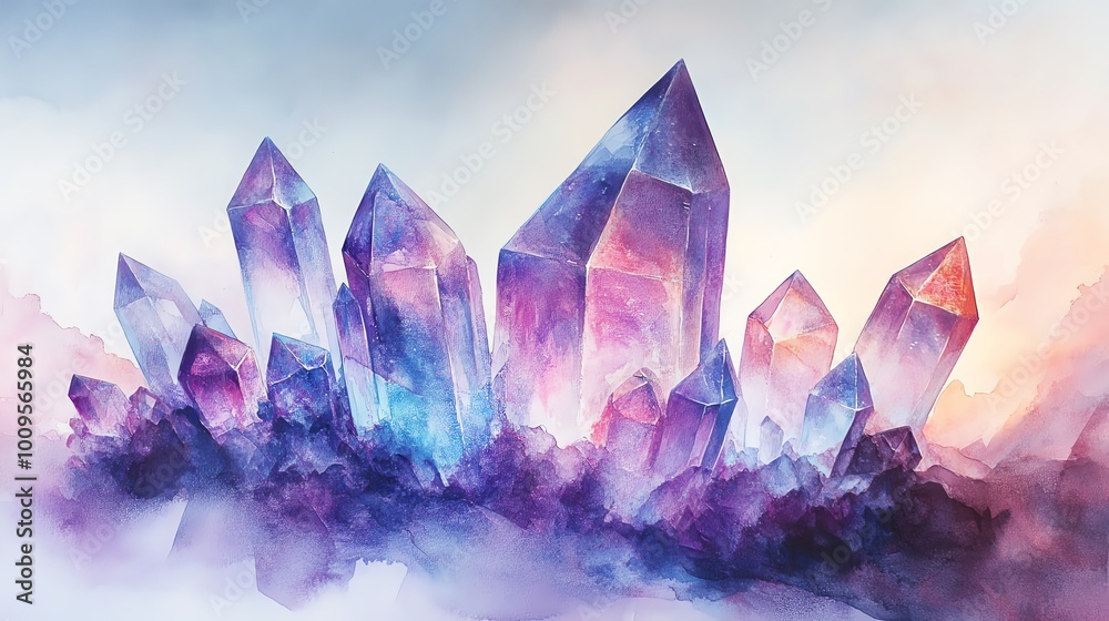 A stunning display of colorful crystals rising majestically from a dreamlike background, radiating beauty and serenity. A stunning display of colorful crystals rising majestically from a dreamlike background, radiating beauty and serenity.