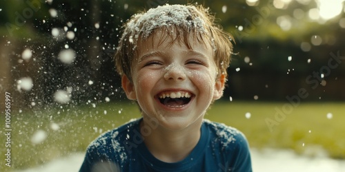 a young boy is laughing and spking snow photo