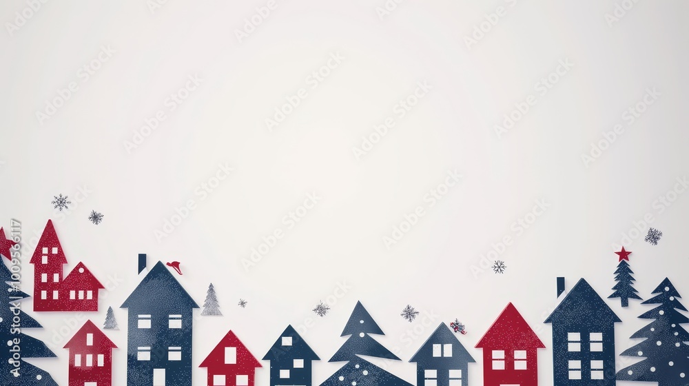 Serene winter scene featuring snow covered Christmas trees against a pristine white backdrop, Happy New Year banner Serene winter scene featuring snow covered Christmas trees against a pristine white backdrop, Happy New Year banner