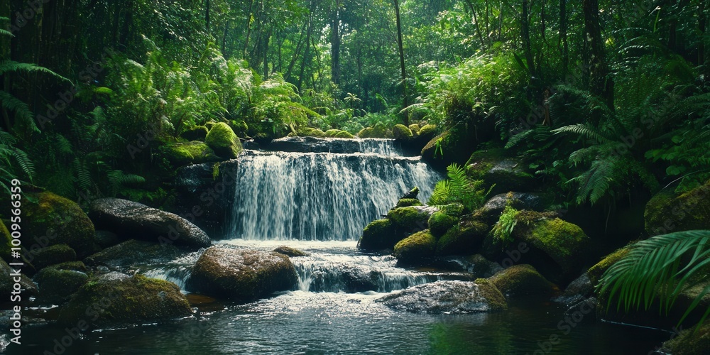 A serene waterfall surrounded by lush greenery in a tropical forest. A serene waterfall surrounded by lush greenery in a tropical forest.