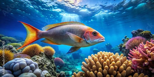 Vibrant Flipper Fish Swimming Gracefully in a Clear Blue Ocean with Coral Reef Background