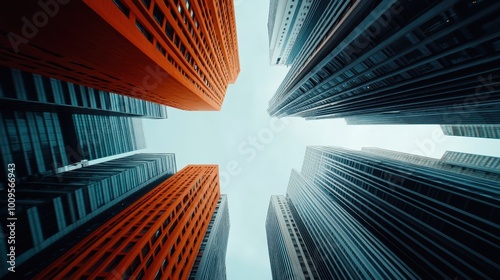 An ambitious perspective of modern skyscrapers viewed from the ground, showcasing the height and sleek design of contemporary urban architecture in a bustling city. photo