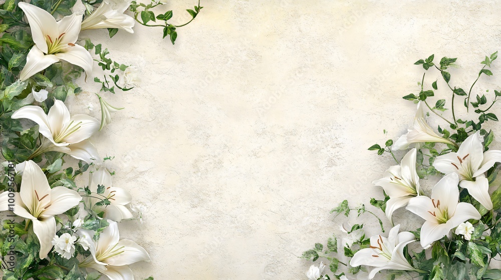 White lilies and green vines on a textured white background. White lilies and green vines on a textured white background.
