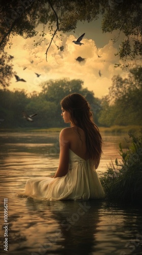 Wallpaper Mural A serene woman in a white dress sits by a tranquil river at sunset, surrounded by nature. Torontodigital.ca