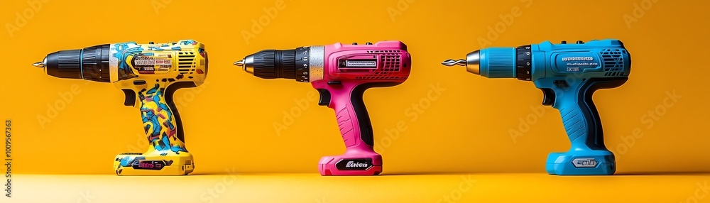Vibrant showcase of colorful power drills against a bright yellow background, perfect for DIY and home improvement projects. Vibrant showcase of colorful power drills against a bright yellow background, perfect for DIY and home improvement projects.