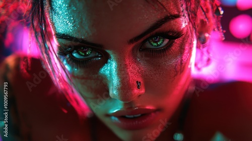 A striking close-up of a person with bright, glowing green eyes, amidst a neon-lit background, featuring intense emotion and detail with artistic styling. photo