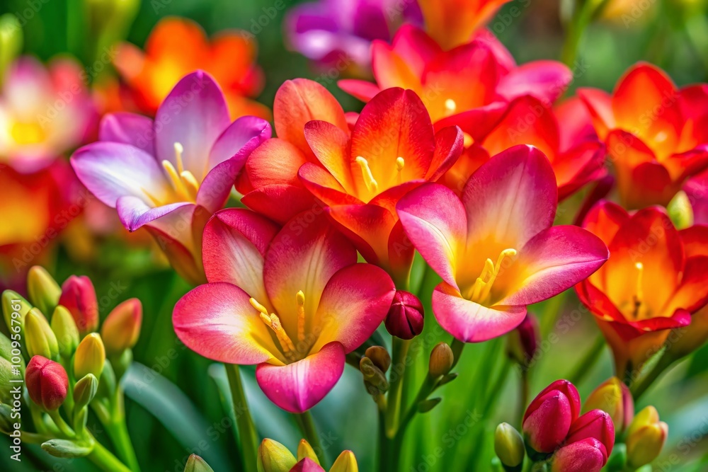 Naklejka premium Vibrant Freesia Blooms in a Garden Setting Showcasing Their Colorful Petals and Green Foliage