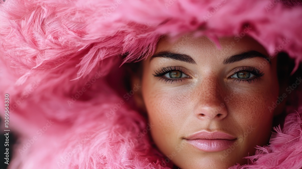 A serene image of a woman gazing softly, enveloped in a luxurious pink feathered hood, melding themes of softness, beauty, and modern fashion warmth. A serene image of a woman gazing softly, enveloped in a luxurious pink feathered hood, melding themes of softness, beauty, and modern fashion warmth.