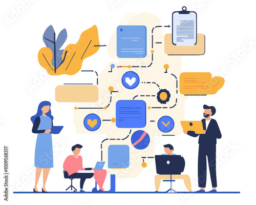 Flat Minimalist Workflow Diagram with Business People, Flowchart for Business Processes, Strategy Implementation, and Concept Mapping Vector Illustration