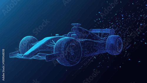 Polygonal F1 Car with Speed Concept and Flying Debris in Blue Vector Mesh, Thin Line Minimalist Style Illustration for Fast Transport and Technology Themes
