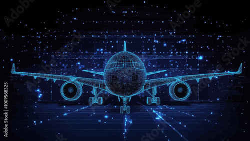 Digital Wireframe of Airplane in Hangar, Blue Polygonal 3D Mesh, Maintenance and Aircraft Repair Concept, Starry Sky Background, Technology and Transport Visualization