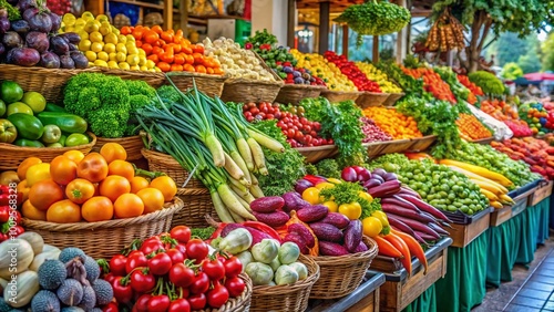 Vibrant Fresh Produce Display with Colorful Fruits and Vegetables at a Local Farmers Market Stand