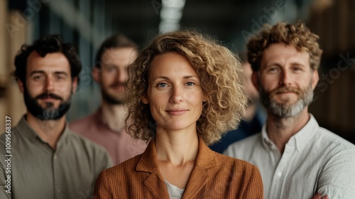 A woman in a brown jacket is at the forefront, leading a diverse team of individuals, showcasing unity and strategic direction in team dynamics.