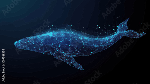 Low Poly Blue Whale with Polygonal Lines and Dots Communication Network, Digital Marine Animal Illustration, Wireframe Light Connection in Cosmic Starry Sky, Abstract Vector Art