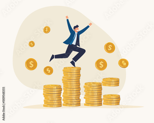 Happy Investor Jumping on Growing Stack of Coins Depicting Compound Interest, Money Growth, Investment Profitability, and Financial Success - Flat Minimalist SVG Vector