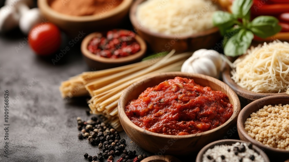 A rich tomato sauce, pasta noodles, grated cheese, and various herbs and spices are artfully arranged in a visually appealing manner, inspiring culinary creativity. A rich tomato sauce, pasta noodles, grated cheese, and various herbs and spices are artfully arranged in a visually appealing manner, inspiring culinary creativity.