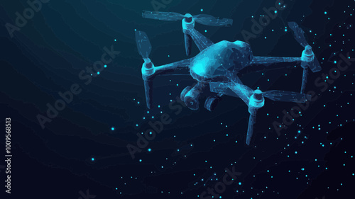 Digital Vector 3D Illustration of Modern Drone with Camera, Abstract Low Poly Quadcopter in Dark Blue for Videography and Aerial Photography Technology Concept