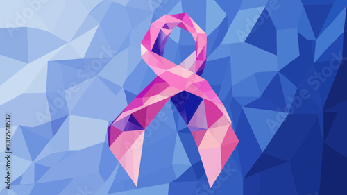 Low Poly Pink Ribbon for Breast Cancer Awareness in Blue Minimalist Background Vector Illustration