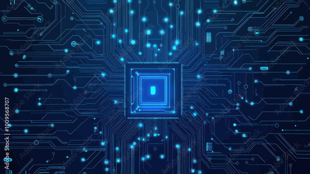 Abstract AI Circuit Board Background with Blue Connections, Electronics Elements, and Digital Processor. Minimalist Technology Vector Illustration for Tech, Semiconductor, and Computer Themes. Abstract AI Circuit Board Background with Blue Connections, Electronics Elements, and Digital Processor. Minimalist Technology Vector Illustration for Tech, Semiconductor, and Computer Themes.